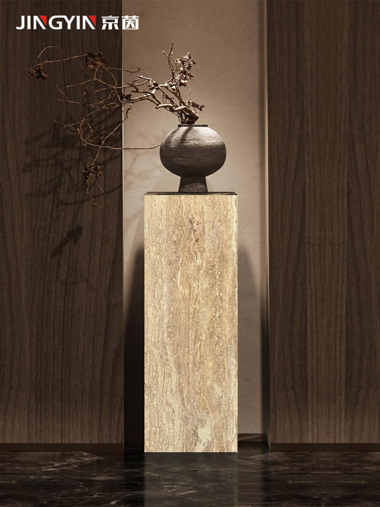 天然大理石底座雕塑台客厅民宿摆件中古风黄洞石柱子装饰墩子落地