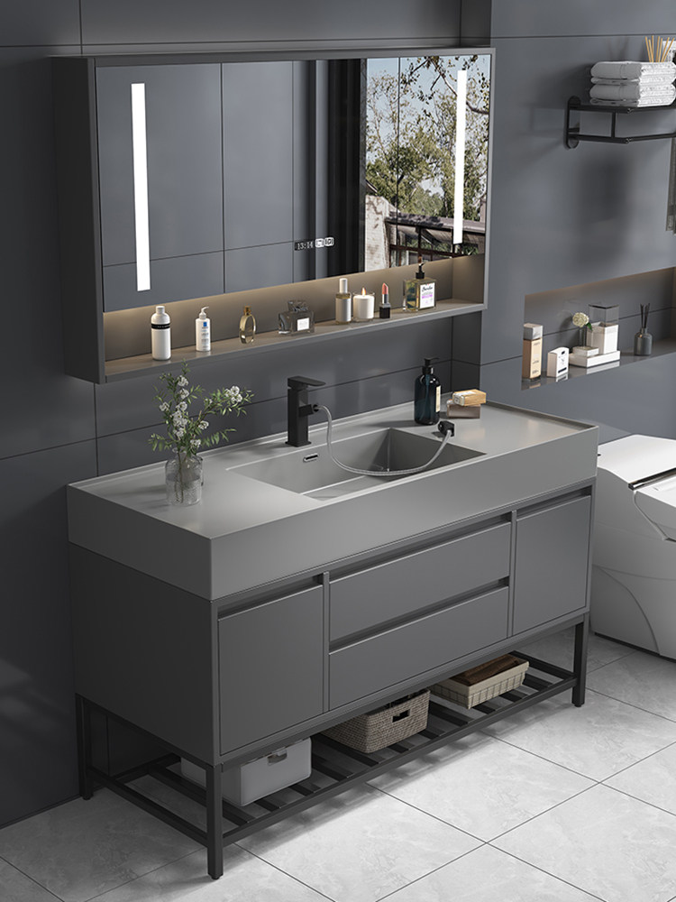 简约实木浴室柜组合岩石一体盆智能镜柜洗手洗脸盆柜洗漱台卫生间