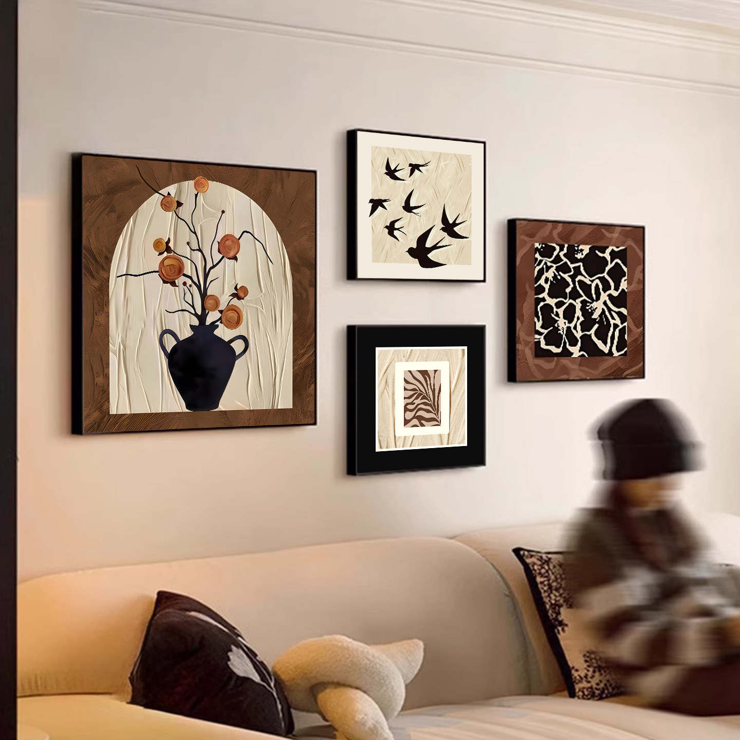 中古风高级感客厅装饰画沙发背景墙抽象艺术壁画法式复古组合挂画