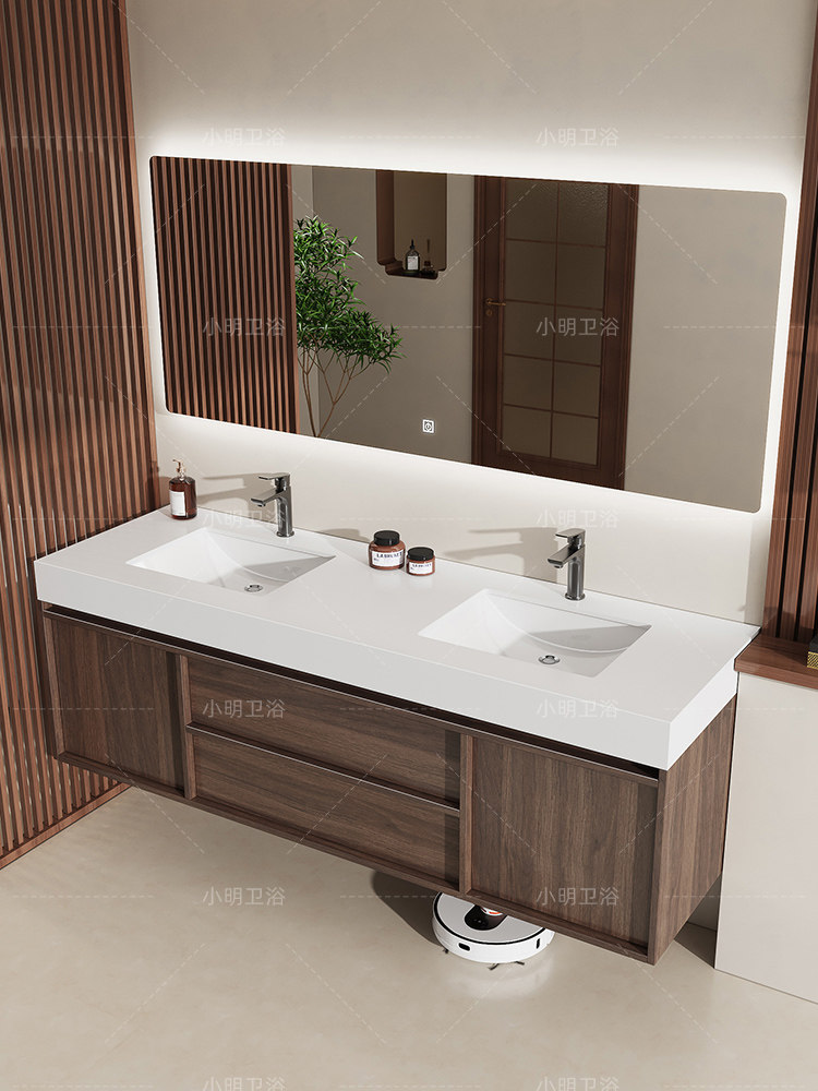 简约中古风岩板双盆浴室柜组合卫生间骨骼线洗漱台洗漱池盆柜套装