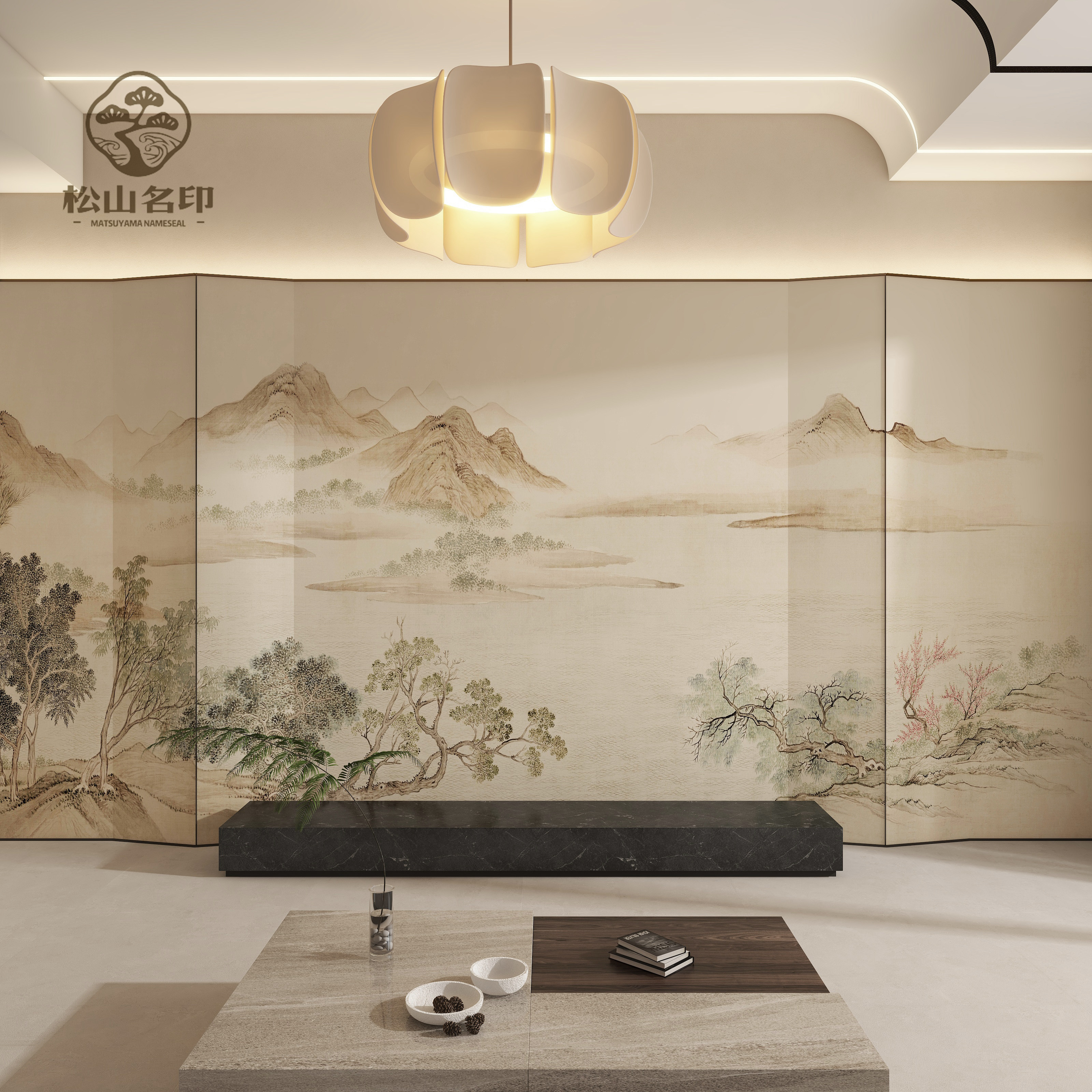 宋式美学山水墨画卧室客厅电视背景墙壁纸壁布工装民宿定制墙布