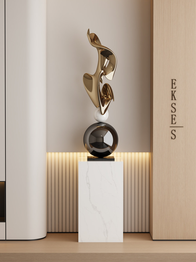 电镀艺术雕塑现代几何落地摆件酒店会所装饰品样板房客厅电视柜旁