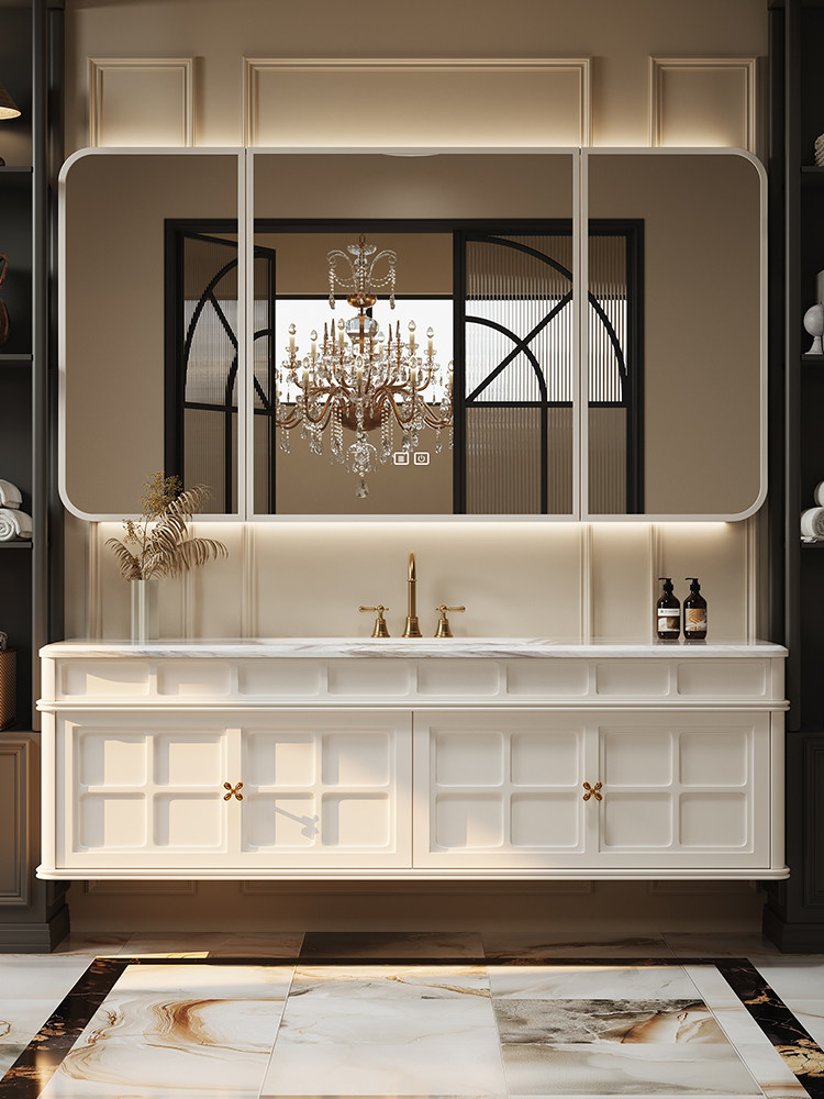 法式复古奶油风奢石浴室柜组合卫生间洗漱台橡木洗手池洗脸台盆柜