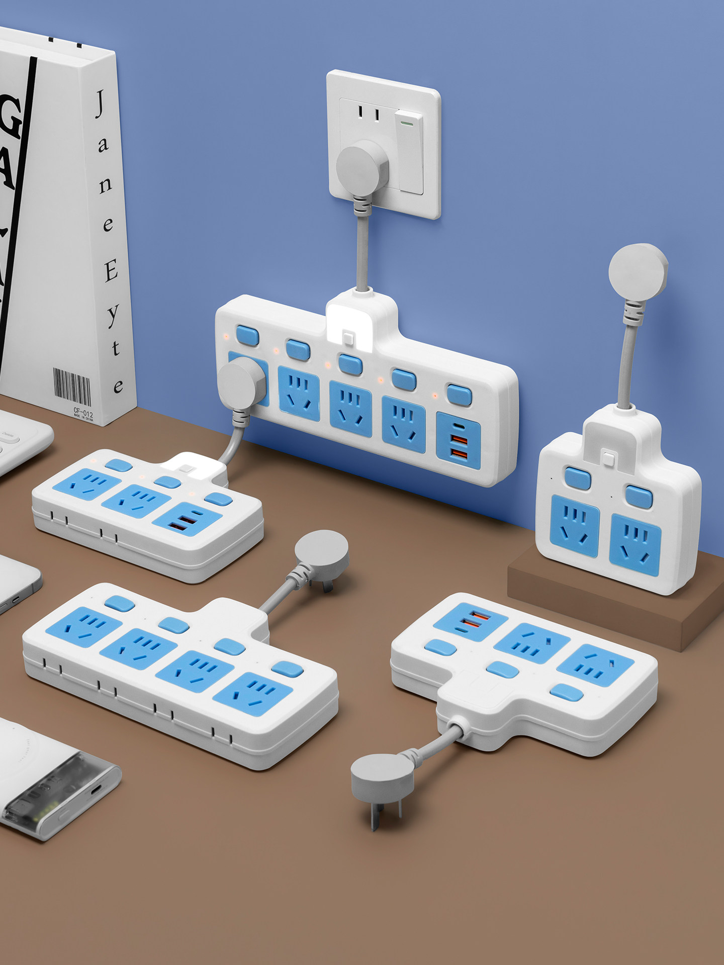 墙壁插座扩展器多功能办公转换插头带USB夜灯分控开关插排转换器