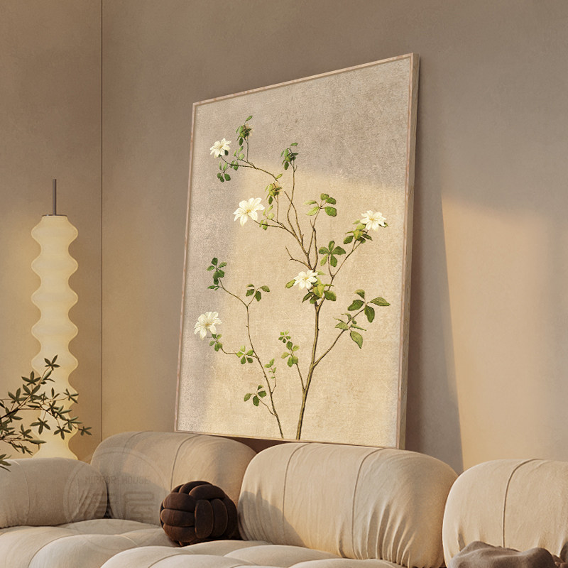 侘寂风客厅装饰画 日式绿植背景墙挂画 原木风抽象玄关壁画 简约风格艺术微喷油画布挂画