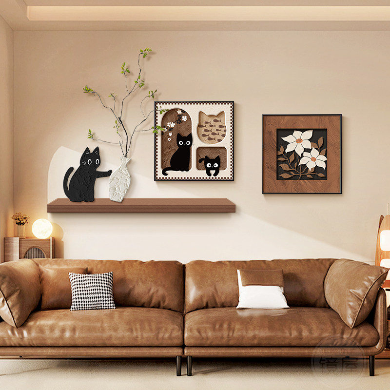 法式复古客厅装饰画趣味猫咪小众艺术组合画中古风沙发背景墙挂画